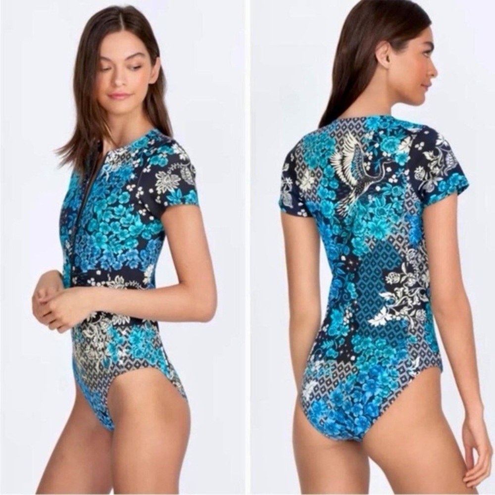 New Johnny Was Swim Blue Fly Neoprene One Piece Swimsuit Rash Guard Surf Size S
